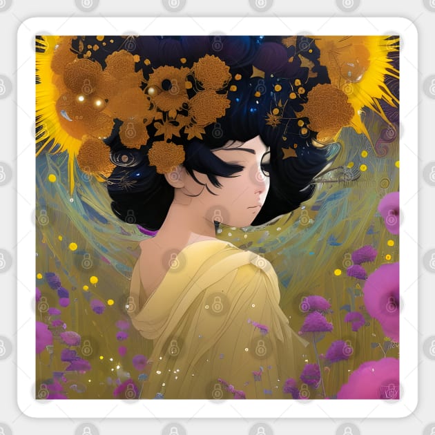 Golden Flowers in her Hair Sticker by LyndiiLoubie